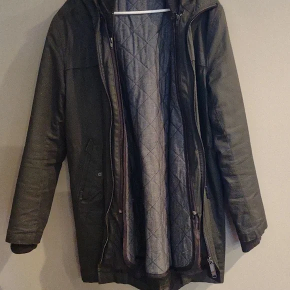 Topman dark green mens medium removable liner g hooded medium length coat